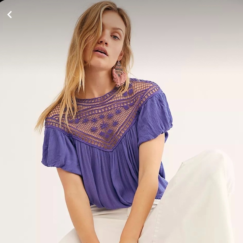 FREE PEOPLE New: Balloon-Sleeved, Crochet Neck, Keyhole, Smocked Hem Top Large